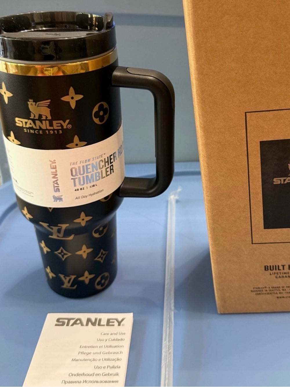 Stanley Black and Gold LV Patterned Quencher Tumbler
